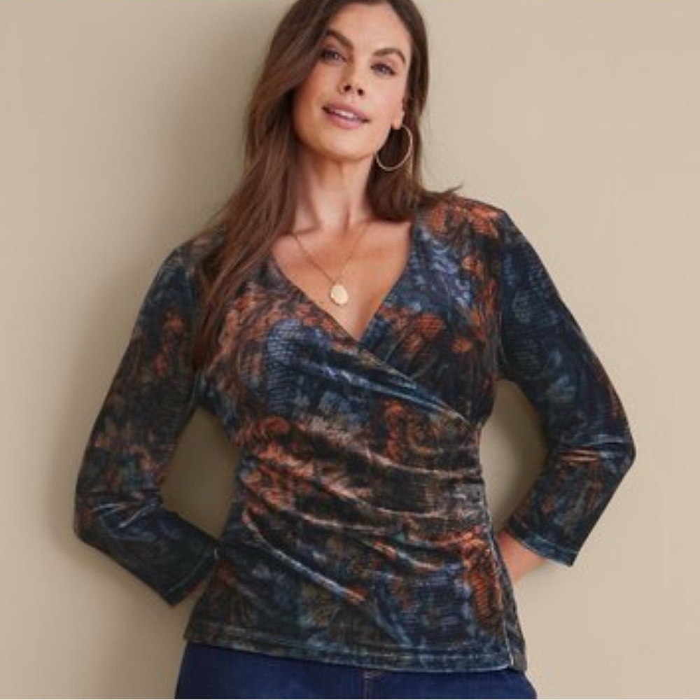 SOFT SURROUNDINGS Velvet Stretch Alyssa Top in Tapestry Floral Sz S